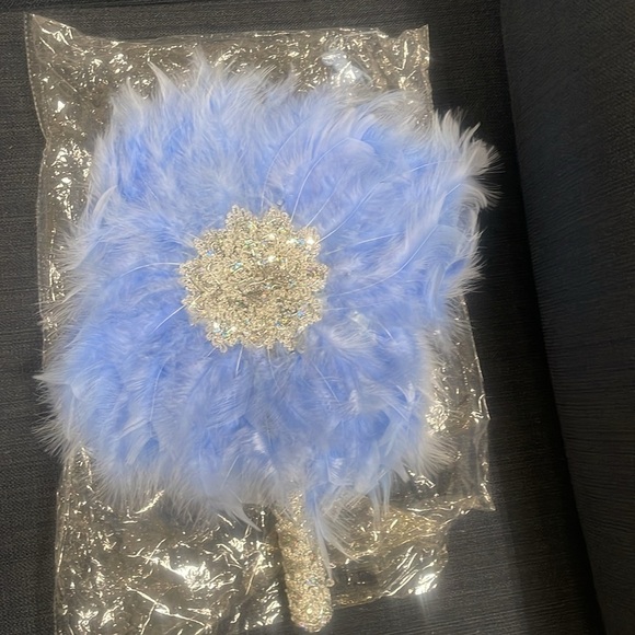 Beautiful Detailed Blue Feather Hand Fan Wedding African Traditional Engagement - Picture 2 of 8